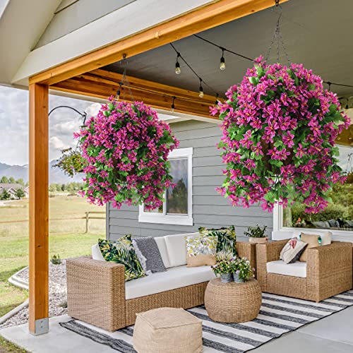 INQCMY Fake Hanging Flowers with Basket Artificial Violet for Outdoor - color: Light Purple
