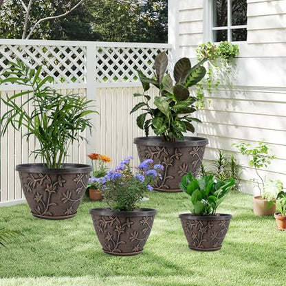Nooulap 12 Inch Pots for Plants with Drainage & Trays, Retro Brown - color: Retro Brown, size: 12 Inch