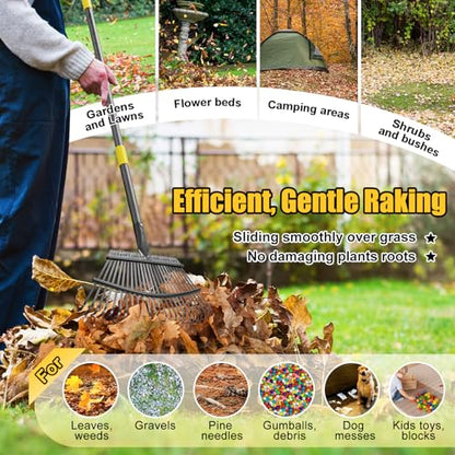 Garden Rake for Leaves: 18” Wide Metal Leaf Rake, 65” Long Adjustable Handle, Heavy Duty 25 Teeth, Fast Kids Women Large Lawn Yard Garden Leaf Cleanup Gardening Rakes: Grass,Debris,Pine Needles Pick - style: 25 tines-5ft