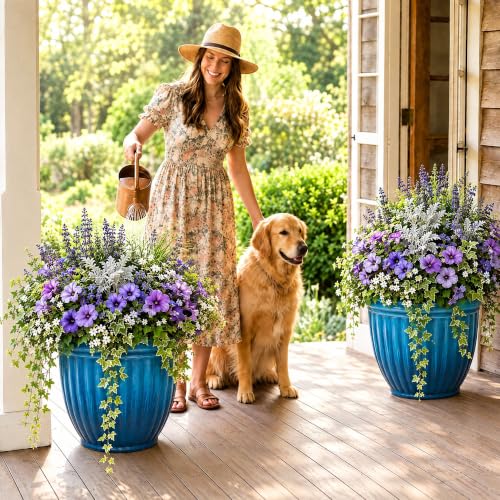 Autodaya 15" Large Planters for Outdoor Plants Set of 2 Plastic Flower Pots - color: 15" Gradient Cobalt Blue Finish
