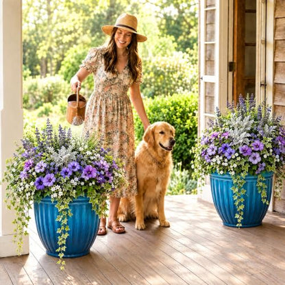 Autodaya 15" Large Planters for Outdoor Plants Set of 2 Plastic Flower Pots - color: 15" Gradient Cobalt Blue Finish