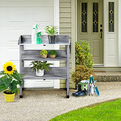Topeakmart Potting Bench, Metal Top Garden Table for Outdoors,Gray - color: Gray