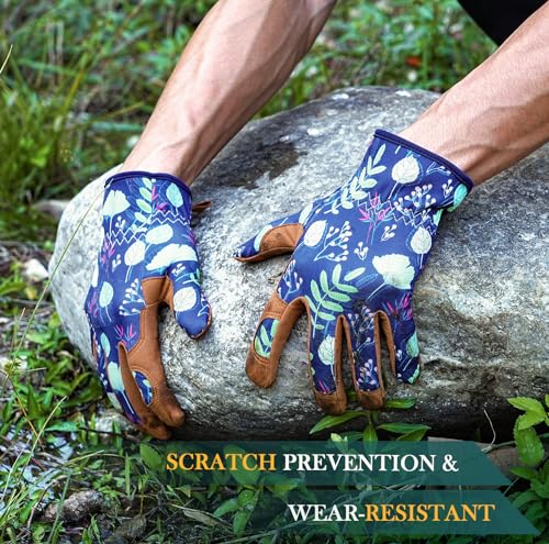 Gardening Gloves for Women, Breathable Leather Garden Gloves,Gardening Gift - color: Brown-green Leaves