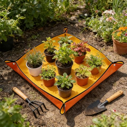 Repotting Mat for House Plants, Waterproof Portable Potting Mat Gardening Tray, Flower and Plant Care Transplanting and Potting Soil Mess Control - color: Yellow