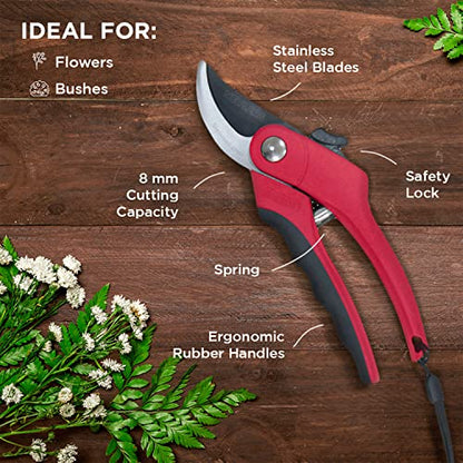 Nevlers 8" Red Bypass Pruning Shears for Gardening w/ 8mm Cut Capacity - color: Red, size: Bypass