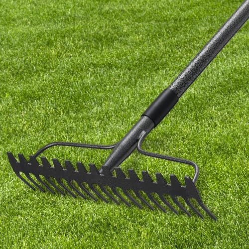 63'' Bow Rake ，17 Tines Metal Head Rakes with Stainless Steel Handle，Heavy Duty Garden Rake for Loosening Soil Gathering Leaf Leveling Lawn Farming Land Management Yarn Thatch Rake - style: 63inch