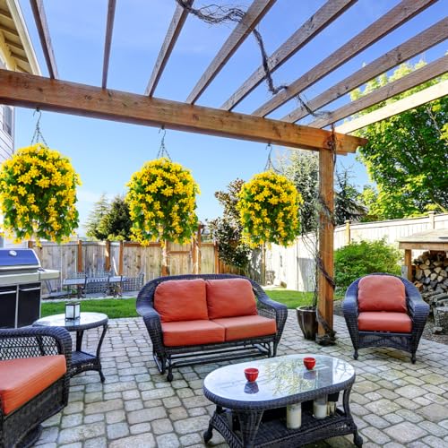 INQCMY Fake Hanging Flowers with Basket Artificial Violet for Outdoor Porch - color: Yellow
