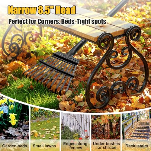 Rake for Leaves: Small Metal Garden Rake, 8.5" Wide, 11 Metal Tines,Heavy Duty Lightweight Kids Leaf Rakes for Small Lawn Yard Shrub,Tight Spot Garden Bed Leaf Debris Picking Cleaning, 60” Long Handle - style: 11 tines-5ft