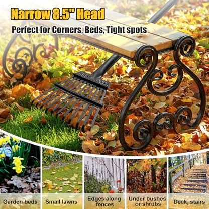 Leaf Rake: 8.5" Wide Heavy Duty Small Metal Garden Rake for Lawn Yard Garden Bed Leaves Debris Shrub Pine Needles Cleanup, 11 Metal Tines, Lightweight Kids Leaf Rakes, 72” Long Handle - style: 11 tines-6ft