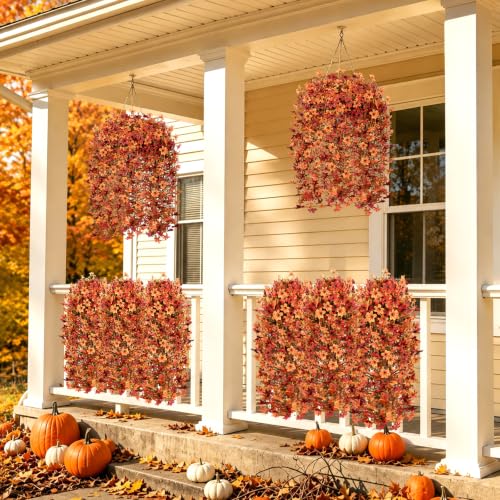 6 Pcs Artificial Hanging Mums for Outdoors, UV Resistant Fake Fall Flowers - color: Red Orange With Fall Leaves