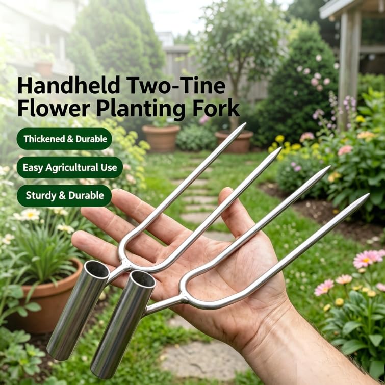 Two-Tine Garden Cultivator for Digging, Aerating Soil, Weeding & Transplanting, Heavy Duty Stainless Steel Loosening Tool with Handle Pipe