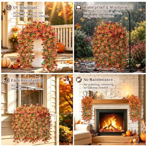 6 Pcs Artificial Hanging Mums for Outdoors, UV Resistant Fake Fall Flowers - color: Red Orange With Green Leaves