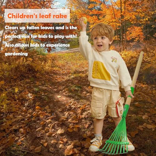 Kids Leaf Rake-Small Wooden Handle Leaf Rake with Metal Tines, 27inches /69cm Length, for Kids Enjoy Garden Cleaning Activities (Green) - color: Green