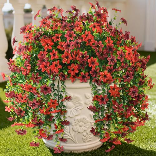 Artificial Flowers for Outdoors, 2 Pcs Faux Hanging Plants UV Resistant - color: Red and Brown