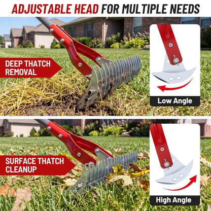 Suchtale Thatch Rake for Lawn, 15" Adjustable Manual Dethatcher Rake