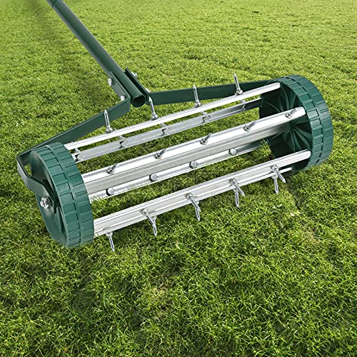 Hysache Rolling Lawn Aerator, 18" Rotary Push Tine Spike Soil Lawn Aerator Gardening Tool with 3-Piece Long Steel Handle for Garden Yard Grass Maintenance, Green