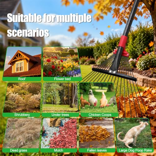 76Inch Adjustable Metal Leaf Rake, 18 Metal Tines Heavy Duty Leaves Rake for Lawns with 8-18" Expandable Head Long Handle Garden Rakes for Leaves Yard Gardening Grass Outdoor Camping Debris - size: 76 inch