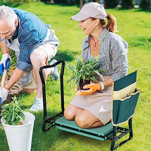 Goplus Garden Kneeler and Seat, Heavy-Duty Garden Bench w/Large Tool Pouch, Widen EVA Foam Kneeling Pad, Portable Gardening Gift for Women Men Seniors, Foldable Garden Stool for Kneeling & Sitting - color: Green, style: With 1 Bags