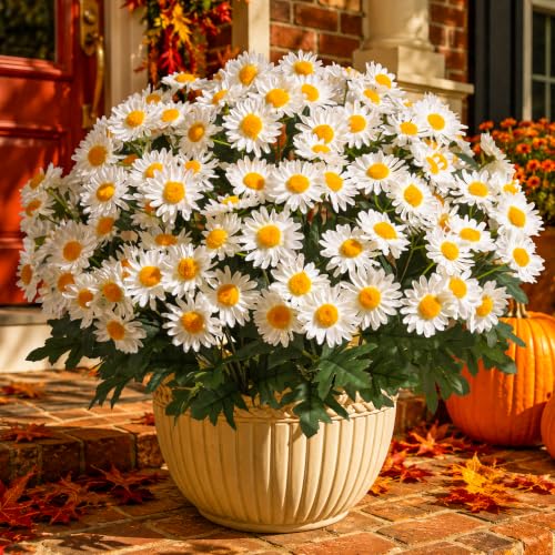Artificial Fall Fake Mums Flowers Plants for Outdoor Decoration, 6 PCS Faux Silk White Gerbera Daisy UV Resistant No Fade Realistic for Planter Pot Outside Porch Patio Balcony Garden Yard Home Decor - color: White Mums