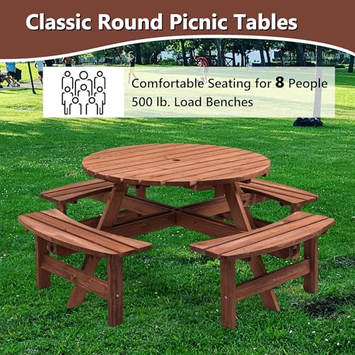 Outdoor Picnic Table for 8 Person, Wooden Picnic Tables with 4 Built-in Benches and Umbrella Hole Outside Table and Bench Set Round Picnic Table for Garden, Backyard, Porch,Patio （Natural - size: 8Person-Round-B