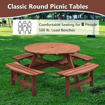 Outdoor Picnic Table for 8 Person, Wooden Picnic Tables with 4 Built-in Benches and Umbrella Hole Outside Table and Bench Set Round Picnic Table for Garden, Backyard, Porch,Patio （Natural - size: 8Person-Round-B