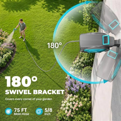 5/8" 110FT Retractable Garden Hose Reel-Heavy Duty Automatic Wall Mounted Hose Reel with 2026 Upgraded UV Resistant, 3/4" Brass Fitting, 10 Pattern Nozzle, 180° Swivel&Any Length Lock Slow Retraction - size: 110FT-5/8''