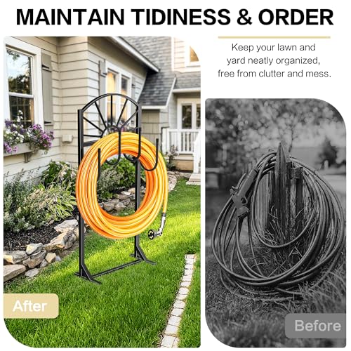 Garden Hose Holder, Upgraded Metal Water Hose Holder with 4 Hooks, Freestanding Heavy Duty Hose Hanger Stand Holds 150 FT Hoses, Detachable Hose Storage Rack for Outside Yard Lawn Farm (Black, Sun) - style: 4 Spikes-Sun