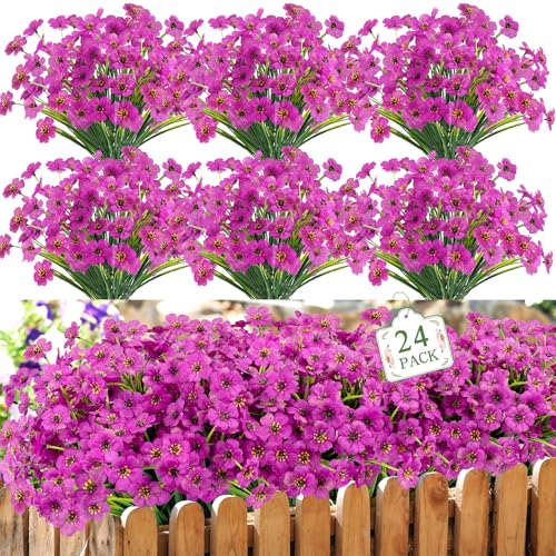 24 Bundles Artificial Flowers for Outdoors UV Resistant Faux Plants, Purple - color: Purple, size: 24 PCS