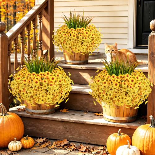 18PCS Artificial Fall Flowers Outdoors, UV Resistant Fake Mums with Grass - color: Yellow Daisies & Violets & Grass