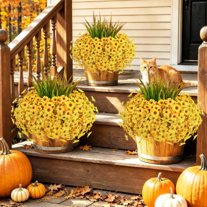 18PCS Artificial Fall Flowers Outdoors, UV Resistant Fake Mums with Grass - color: Yellow Daisies & Violets & Grass