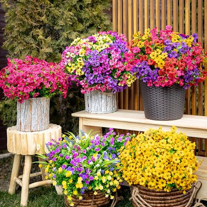 AXYLEX Artificial Pansies Outdoor, 16 Bundles Fake Plants (Yellow Mix) - color: Mixed, 4 Colors Red Pink Purple Yellow