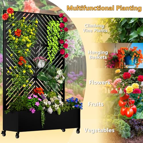 MTART Metal Planter Box with Trellis, 72"x47"x16" Outdoor Galvanized Raised Garden Bed with Privacy Screen & Drainage Holes & Lockable Casters for Climbing Plants, Vegetable, Vines (Black-Arrow) - color: Black-arrow