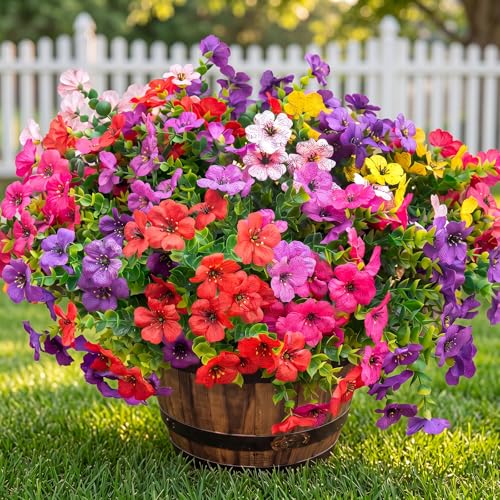 Artificial Violet Flowers Outdoor UV Resistant, 16-Stem Multi Pack Faux Purple Blooms for Front Porch, Patio, Garden & Large Planters, Fade Resistant Silk Fake Flowers (16, Mix Colors) - color: Mix Colors