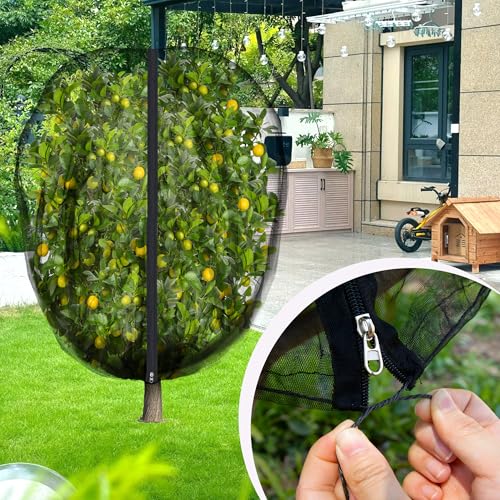 5.3 x 5.3 Ft Black Large Fruit Tree Netting with Zipper and Drawstring, Breathable Mesh Garden Bird Netting Plant Cover, Insect Bird Barrier Net Mesh for Protect Fruits Plants from Squirrel Bugs - size: 5.3 x 5.3 Ft