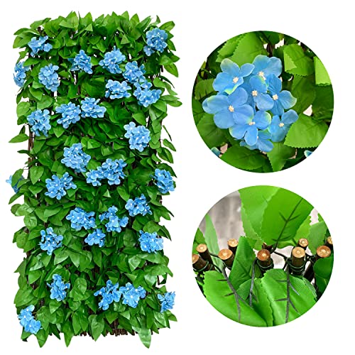 86 York Expandable Fence Privacy Screen Faux Ivy Decorative for Outdoor Garden Wall Patio Balcony, Artificial Hedge Lattice Fencing(Single Sided Leaves) (4, Hydrangea-Blue) - color: Blue