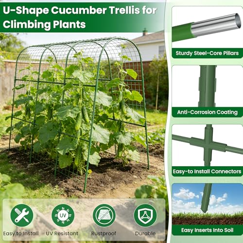 Cucumber Trellis for Raised Bed 48" L x 48" H U-Shape Garden Trellis for Climbing Plants Outdoor, Metal Arch Trellis for Vegetables, Plant Support for Tomato Pea Zucchini Grape Flowers