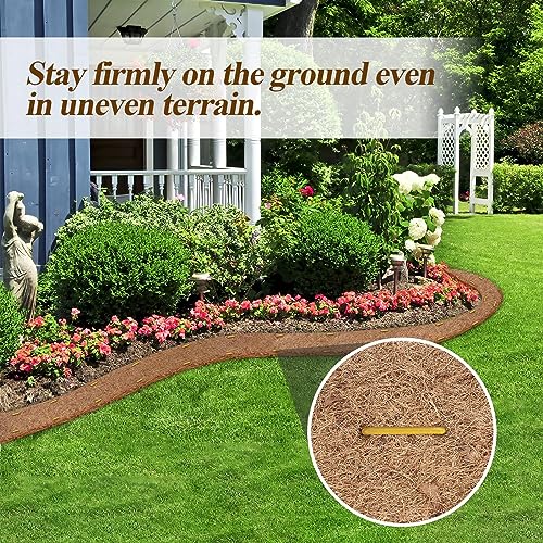 Natural Mulch for Landscaping 120" X 6.3", Coconut Fiber Mulch Mat Roll with 16 U-Shaped Steel Stakes, Garden Edging Border Mat Natural Looking Permanent Mulch Barrier for Plants Vegetables & Flowers