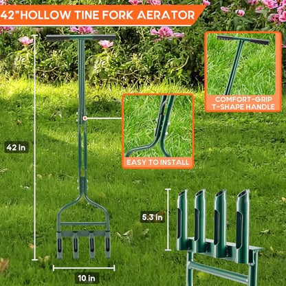 4Pcs Lawn Care Tool Kit -16”WX24”L Compost and Peat Moss Spreader, 20" Soil Sampler Probe,10”WX42”L Hollow Tine Lawn Aerator,10”DX30”LX75”H Leveling Rake, 4-Step Lawn & Garden Care System