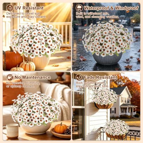 Fake Mums Artificial Fall Flowers for Outdoors Silk Daisy Bulk - color: White