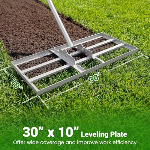Goplus Lawn Leveling Rake, 30" x 10" Heavy Duty Level Lawn Tool w/ Ergonomic Handle for Soil, Effort-Saving Landscape Rake for Garden, Backyard, Golf Course, Farm, Pasture (Sliver) - color: Sliver