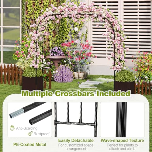 BECOMFORT 80”H Garden Arch Trellis with with 2 Self-Watering Planter Box, PE-Coated Metal Arbor with Lockable Wheels for Climbing Plants Outdoor Wedding Garden Party Backdrop & Flower Support - size: 113“Lx16"Wx80”H
