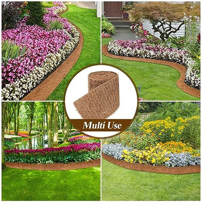 Natural Mulch Roll for Landscaping 240" X 6.3" Coconut Fiber Liner Mulch Mat with 32 U-Shaped Steel Stakes, Thick Mulch Roll for Garden Edging Border, Coconut Liners for Planters, Vegetables & Flowers