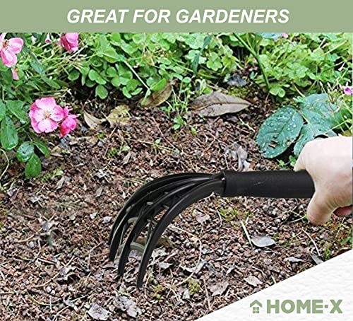 Home-X Webbed Garden Claw Rake and Cultivator, Durable Gardening Tool, Handheld Claw Rake Cultivator & Tiller-Rubber Grip (Black)-10.5” L