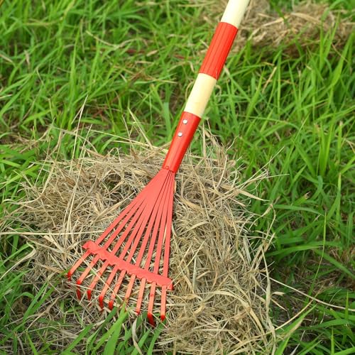 Kids Rakes with Hardwood Handle - Metal Kids Leaves Rakes, 28" Child Size Lawn Rakes with Vibrant Red Heads, Garden Tool Set for Kids Boys and Girls - color: Red