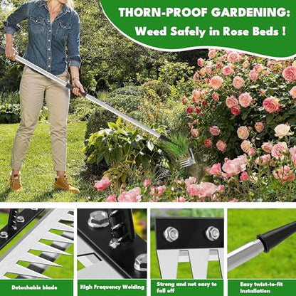 Iron Weeding Rake with Long Handle, 8-Tine Heavy Duty Garden Tool for Lawn - color: Silver