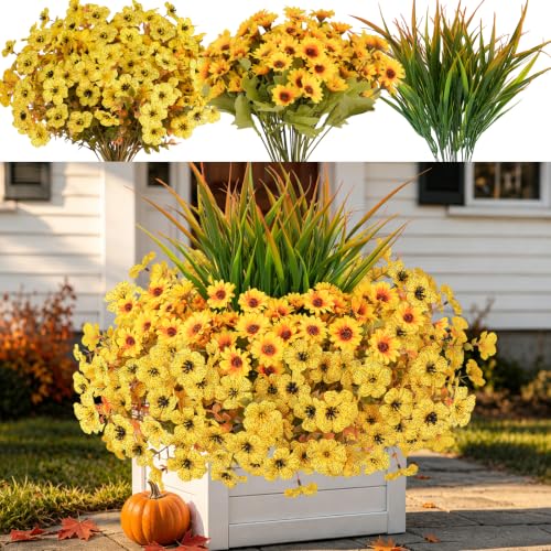 18 Pcs Artificial Fall Flowers for Outdoor, UV Resistant Fake Mums & Grass - color: Yellow