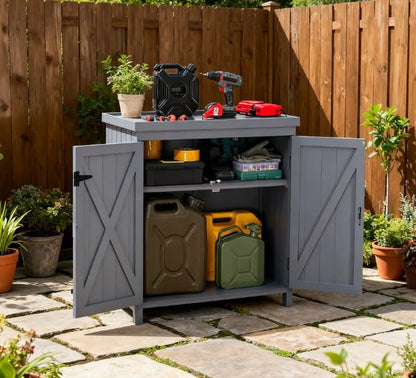 Wood Outdoor Storage Box and Deck Box with Galvanized Metal Top, Farmhouse Style Patio Cabinet with Shelves for Yard Tools & Cushions, Weather-Resistant Finish, 31.5 x 17.8 x 36.3 Inches, Grey - color: Grey - 31.50 X 17.80 X 36.30 Inch