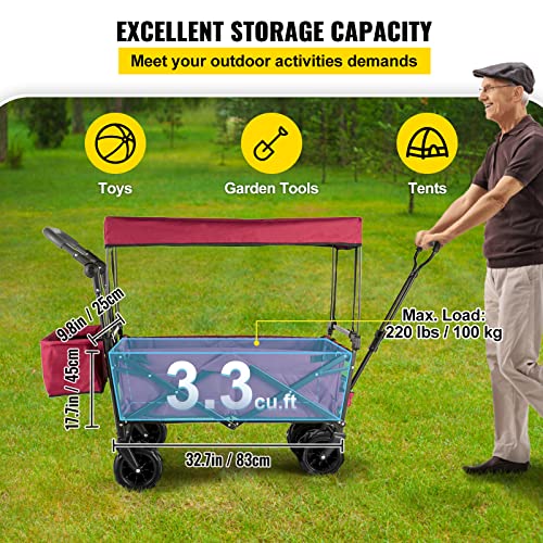Happbuy Collapsible Wagon with Removable Canopy, 220lbs Heavy Duty Foldable Beach Wagon with Big Wheels - color: Red