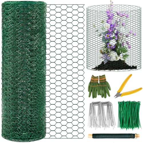 Plant Protectors from Animals, 16.4 x 16In Green PVC Coated Galvanized Chicken Wire Mesh Roll, 0.8mm Free-Cut Plant Cage with Ties, Stakes, Gloves, Pliers & Floral Wire (33Ft*23.6In(23.6X 394 Inch)) - size: 33Ft*23.6In