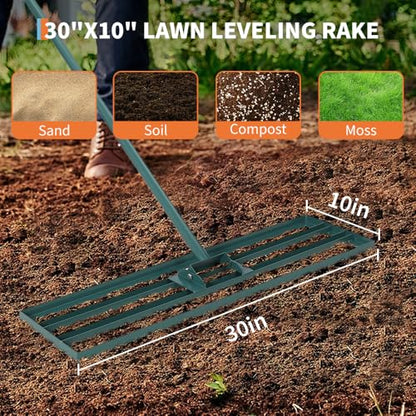Lawn Leveling Rake, 30" x 10" Heavy Duty Steel Lawn Leveler Tool with 6 FT Extended Handle, Level Soil Sand Dirt for Yard, Garden, Golf Course, Farm, Green - color: Green, size: 6FT 30"x10"